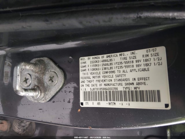 45111487 :رقم المزاد ، 5J8TB18598A000356 vin ، 2008 Acura Rdx مزاد بيع
