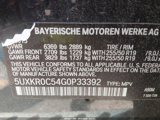 Продаж на аукціоні авто 2016 Bmw X5 Xdrive35i, vin: 5UXKR0C54G0P33392, номер лоту: 45111490