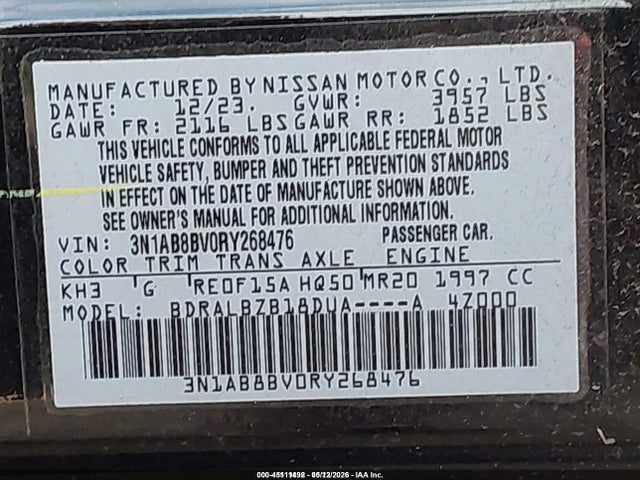 45111492 :رقم المزاد ، 3N1AB8BV0RY268476 vin ، 2024 Nissan Sentra S Xtronic Cvt مزاد بيع