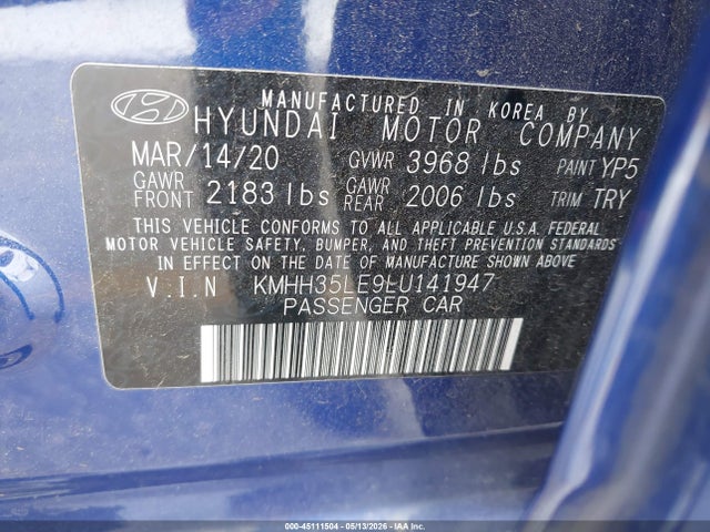 45111504 :رقم المزاد ، KMHH35LE9LU141947 vin ، 2020 Hyundai Elantra Gt مزاد بيع