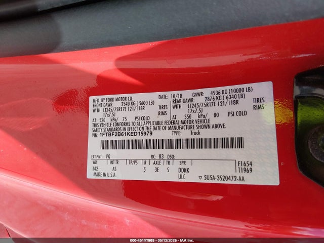 Aukcja sprzedaży 2019 Ford F-250 Xl, vin: 1FTBF2B61KED15979, numer aukcji: 45111505