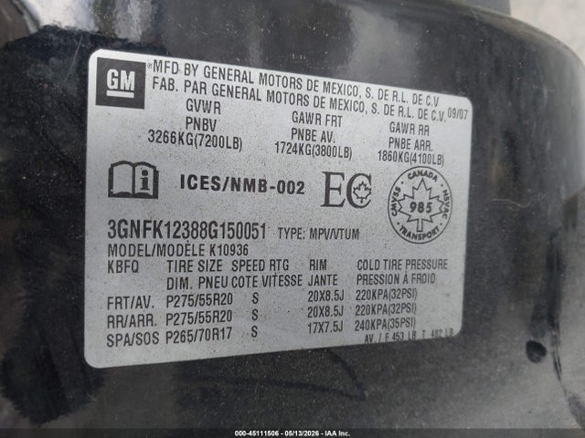 2008 Chevrolet Avalanche 1500 Ls/lt/ltz მანქანა იყიდება აუქციონზე, vin: 3GNFK12388G150051, აუქციონის ნომერი: 45111506