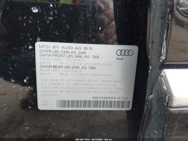 2015 Audi Q5 2.0t Premium მანქანა იყიდება აუქციონზე, vin: WA1LFAFP4FA141723, აუქციონის ნომერი: 45111514