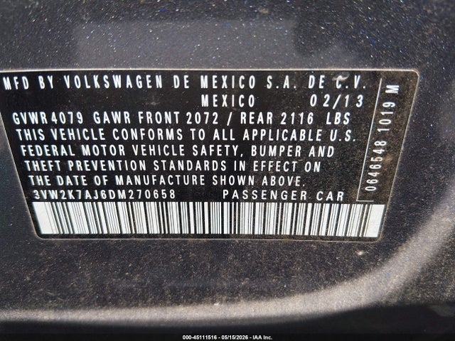 Aukcja sprzedaży 2013 Volkswagen Jetta 2.0l S, vin: 3VW2K7AJ6DM270658, numer aukcji: 45111516