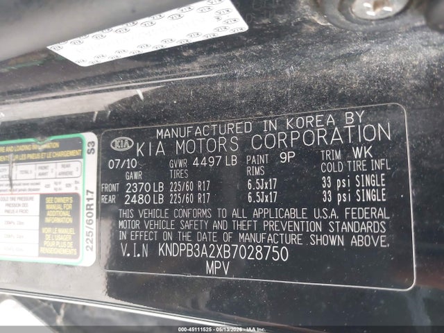 45111525 :رقم المزاد ، KNDPB3A2XB7028750 vin ، 2011 Kia Sportage Lx مزاد بيع