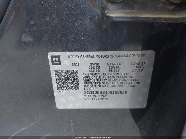 Chevrolet IMPALA 1LT 2018 2G1105S34J9168829 Image 9
