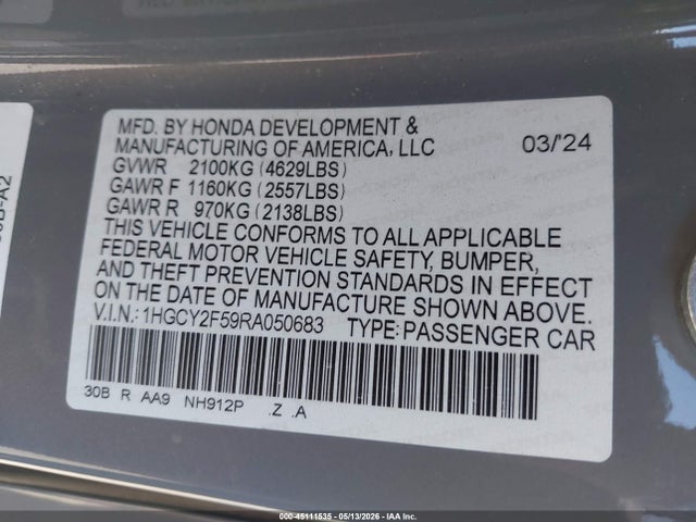Продаж на аукціоні авто 2024 Honda Accord Hybrid Sport, vin: 1HGCY2F59RA050683, номер лоту: 45111535