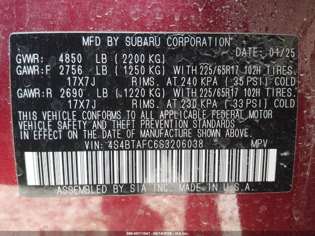 Продаж на аукціоні авто 2025 Subaru Outback Premium, vin: 4S4BTAFC6S3206038, номер лоту: 45111541