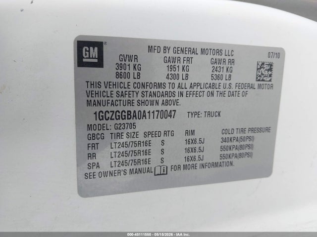 Auction sale of the 2010 Chevrolet Express 2500 Work Van, vin: 1GCZGGBA0A1170047, lot number: 45111550