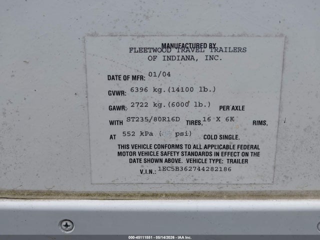 Aukcja sprzedaży 2004 Fleetwood Prowler Re Ax6 Fifth Wheel 37ft, vin: 1EC5B362744282186, numer aukcji: 45111551