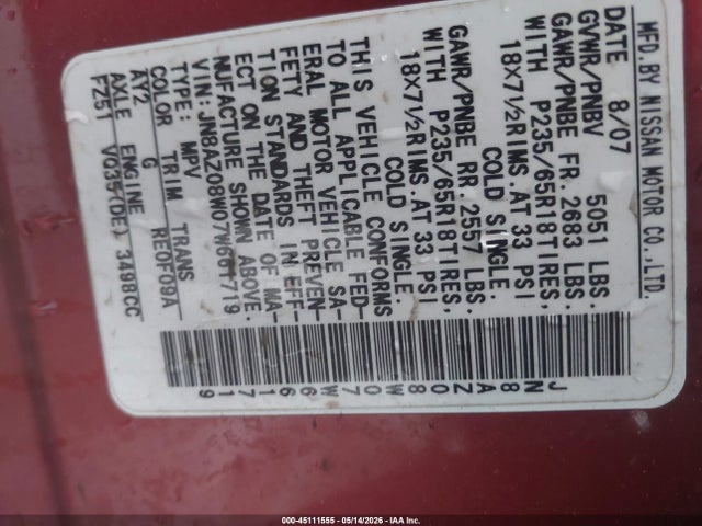 Aukcja sprzedaży 2007 Nissan Murano Sl, vin: JN8AZ08W07W661719, numer aukcji: 45111555