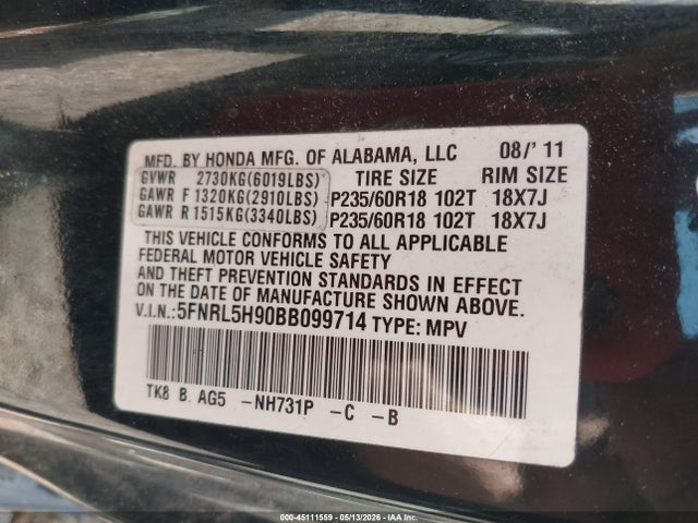 2011 Honda Odyssey Touring/touring Elite მანქანა იყიდება აუქციონზე, vin: 5FNRL5H90BB099714, აუქციონის ნომერი: 45111559
