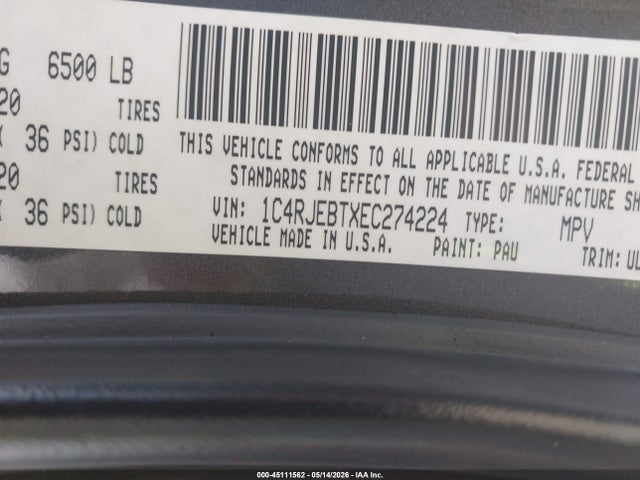 Продаж на аукціоні авто 2014 Jeep Grand Cherokee Limited, vin: 1C4RJEBTXEC274224, номер лоту: 45111562