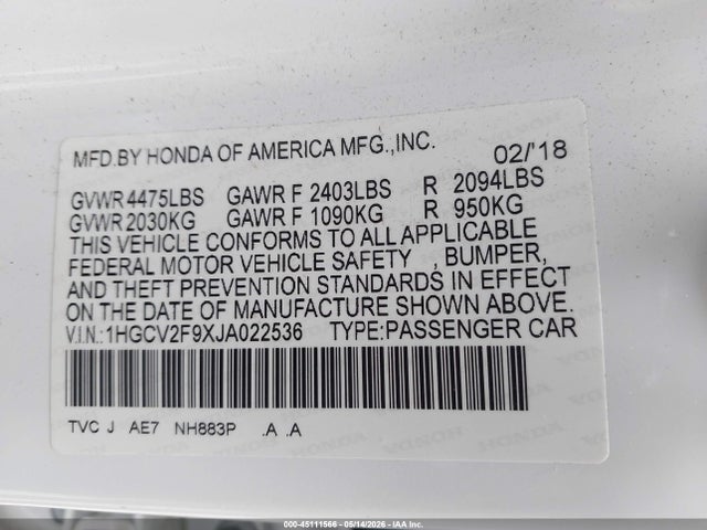 1HGCV2F9XJA022536 Honda Accord Touring 2.0t