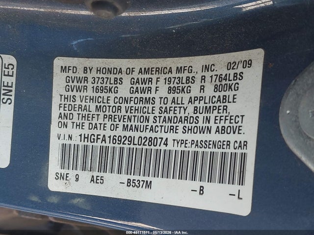 2009 Honda Civic Ex-l მანქანა იყიდება აუქციონზე, vin: 1HGFA16929L028074, აუქციონის ნომერი: 45111571