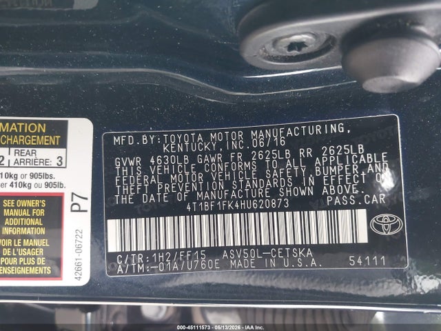 2017 Toyota Camry Se მანქანა იყიდება აუქციონზე, vin: 4T1BF1FK4HU620873, აუქციონის ნომერი: 45111573