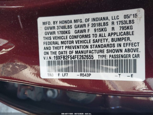 19XFB2F54FE262655 Honda Civic Lx