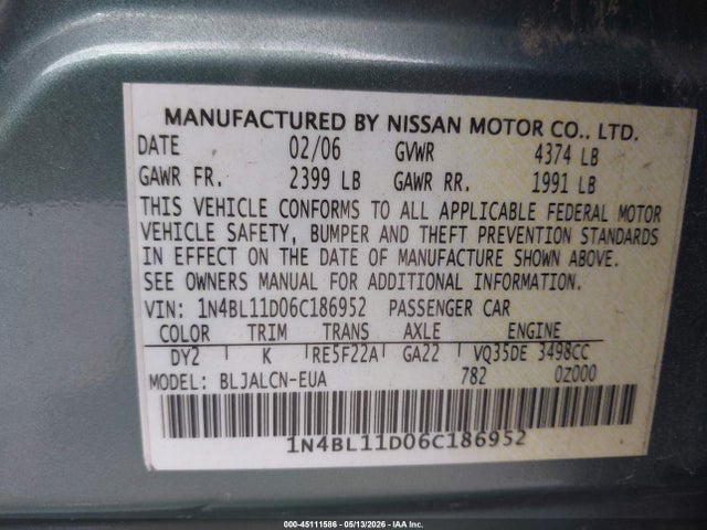Продажа на аукционе авто 2006 Nissan Altima 3.5 Se, vin: 1N4BL11D06C186952, номер лота: 45111586
