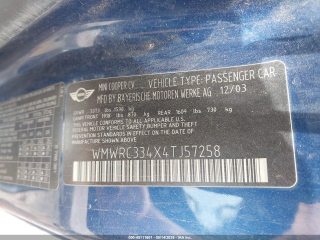 2004 Mini Cooper მანქანა იყიდება აუქციონზე, vin: WMWRC334X4TJ57258, აუქციონის ნომერი: 45111601