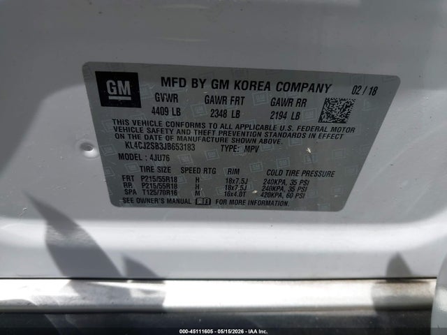 45111605 :رقم المزاد ، KL4CJ2SB3JB653183 vin ، 2018 Buick Encore Sport Touring مزاد بيع