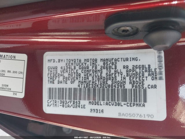Продаж на аукціоні авто 2002 Toyota Camry Le, vin: 4T1BE32K32U084395, номер лоту: 45111607