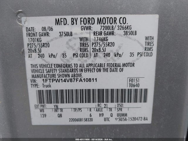 Продажа на аукционе авто 2007 Ford F-150 Fx4/lariat/xlt, vin: 1FTPW14V87FA10811, номер лота: 45111608