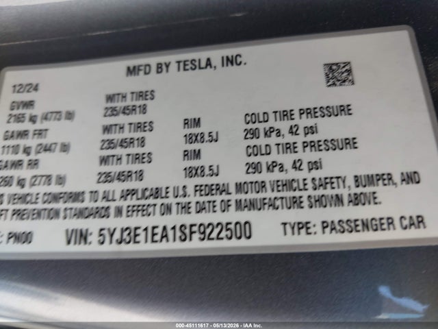 Tesla MODEL 3 2025 5YJ3E1EA1SF922500 Image 9