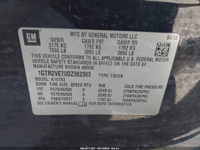 45111621 :رقم المزاد ، 1GTR2VE70DZ362383 vin ، 2013 Gmc Sierra 1500 Sle مزاد بيع