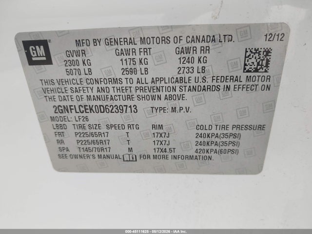 45111625 :رقم المزاد ، 2GNFLCEK0D6239713 vin ، 2013 Chevrolet Equinox Ls مزاد بيع