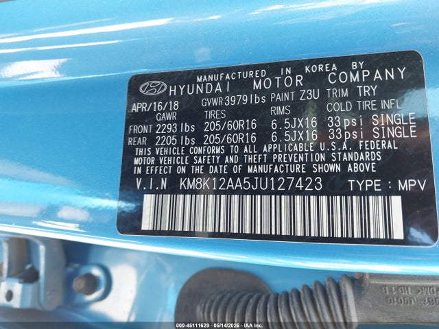 45111629 :رقم المزاد ، KM8K12AA5JU127423 vin ، 2018 Hyundai Kona Se مزاد بيع