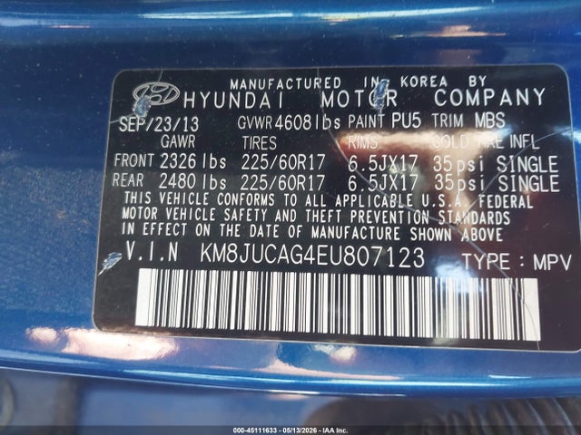 45111633 :رقم المزاد ، KM8JUCAG4EU807123 vin ، 2014 Hyundai Tucson Se مزاد بيع
