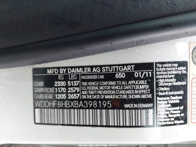 45111639 :رقم المزاد ، WDDHF8HBXBA398195 vin ، 2011 Mercedes-benz E 350 4matic مزاد بيع