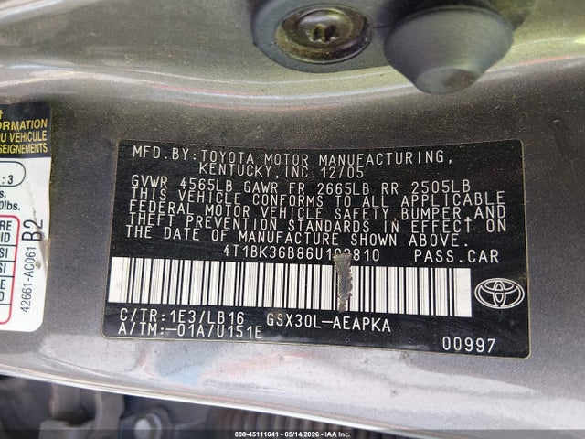 Aukcja sprzedaży 2006 Toyota Avalon Limited, vin: 4T1BK36B86U103810, numer aukcji: 45111641