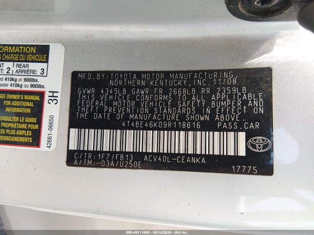 Продаж на аукціоні авто 2009 Toyota Camry Le, vin: 4T4BE46K09R118616, номер лоту: 45111650