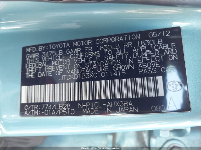 Продаж на аукціоні авто 2012 Toyota Prius C Four, vin: JTDKDTB3XC1011415, номер лоту: 45111670