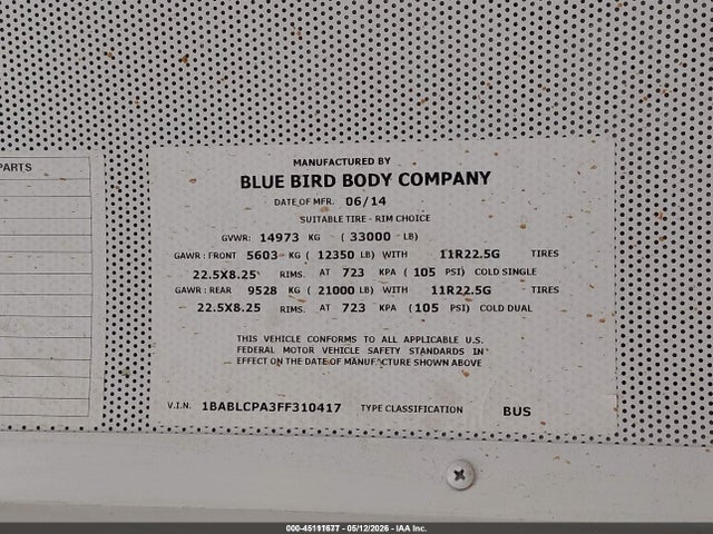 1BABLCPA3FF310417 Blue Bird School Bus / Transit Bus