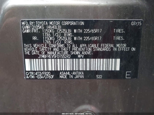 2015 Toyota Rav4 Le მანქანა იყიდება აუქციონზე, vin: JTMBFREV5FD155242, აუქციონის ნომერი: 45111678