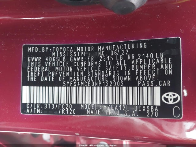 45111680 :رقم المزاد ، 5YFS4MCE0NP122902 vin ، 2022 Toyota Corolla Se Nightshade Edition مزاد بيع