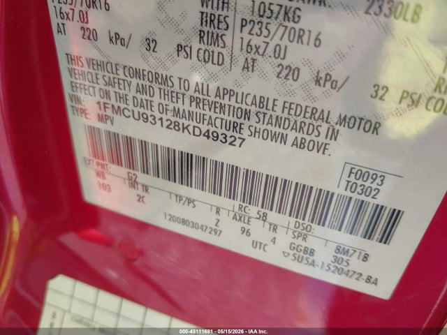 45111681 :رقم المزاد ، 1FMCU93128KD49327 vin ، 2008 Ford Escape Xlt مزاد بيع