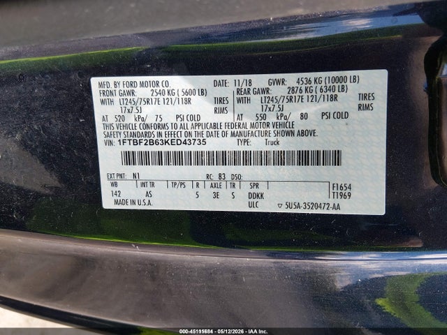 Aukcja sprzedaży 2019 Ford F-250 Xl, vin: 1FTBF2B63KED43735, numer aukcji: 45111684