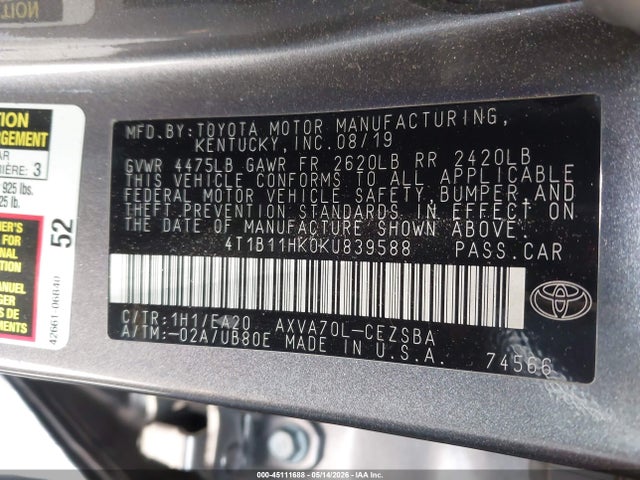 45111688 :رقم المزاد ، 4T1B11HK0KU839588 vin ، 2019 Toyota Camry Se مزاد بيع