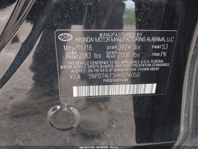 2017 Hyundai Elantra Se მანქანა იყიდება აუქციონზე, vin: 5NPD74LF5HH074050, აუქციონის ნომერი: 45111705