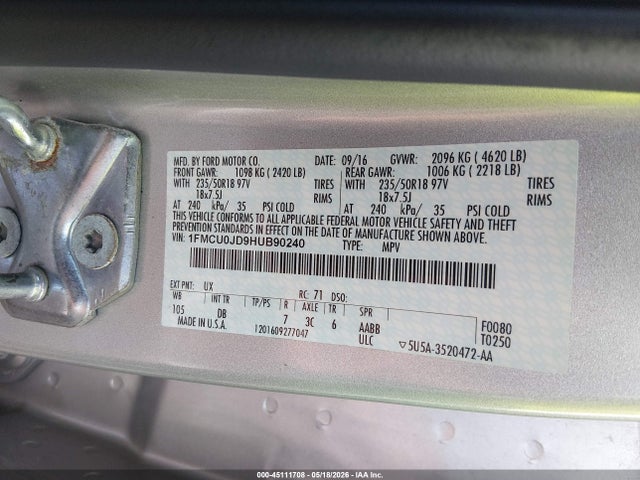 Aukcja sprzedaży 2017 Ford Escape Titanium, vin: 1FMCU0JD9HUB90240, numer aukcji: 45111708