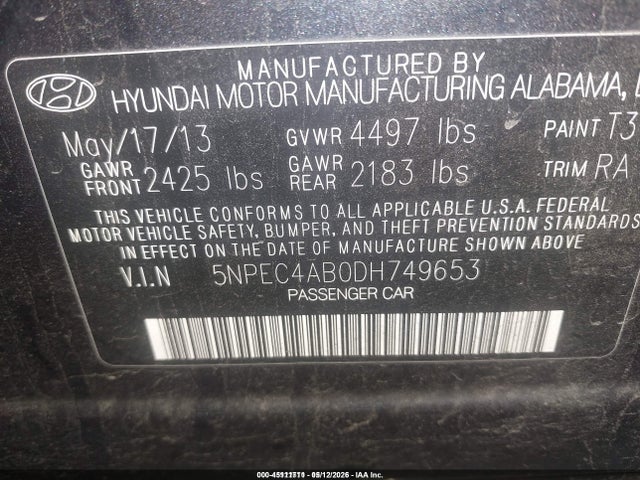 Aukcja sprzedaży 2013 Hyundai Sonata Se 2.0t, vin: 5NPEC4AB0DH749653, numer aukcji: 45111711