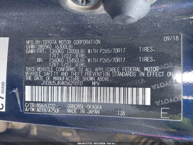 Продажа на аукционе авто 2019 Toyota 4runner Trd Off Road Premium, vin: JTEBU5JR4K5621010, номер лота: 45111712
