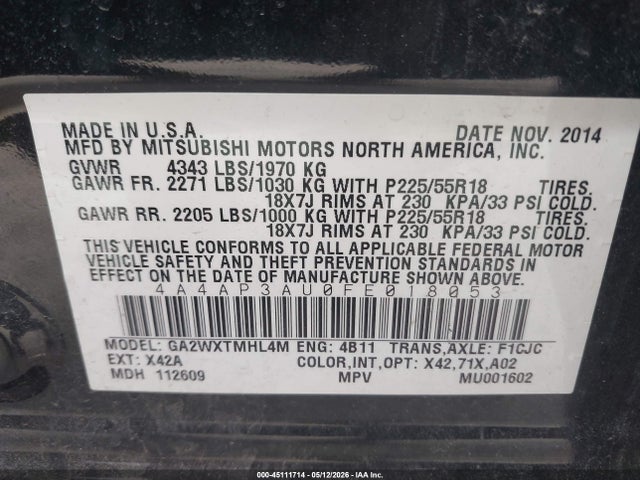 Aukcja sprzedaży 2015 Mitsubishi Outlander Sport Es, vin: 4A4AP3AU0FE018053, numer aukcji: 45111714