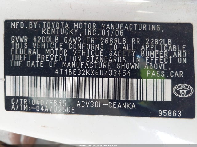 Продажа на аукционе авто 2006 Toyota Camry Le, vin: 4T1BE32KX6U733454, номер лота: 45111720