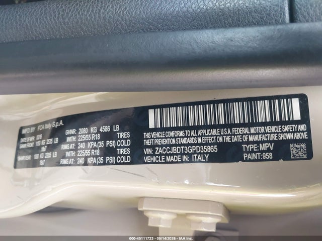 Продаж на аукціоні авто 2016 Jeep Renegade Limited, vin: ZACCJBDT3GPD35865, номер лоту: 45111723