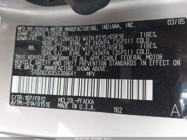Aukcja sprzedaży 2005 Toyota Sienna Le, vin: 5TDZA23C65S308641, numer aukcji: 45111738