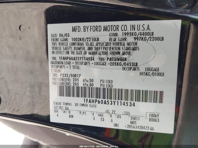 Aukcja sprzedaży 2003 Ford Thunderbird, vin: 1FAHP60A53Y114534, numer aukcji: 45111742